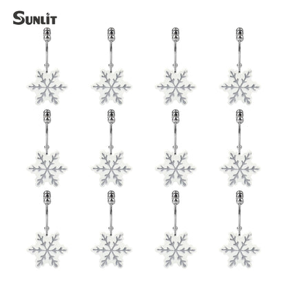 Sunlit Christmas Shower Curtain Hooks Silver Snowflakes Shower Curtain Rings, Resin, White Christmas Decor, Winter Bathroom Decoration - 12 Pack