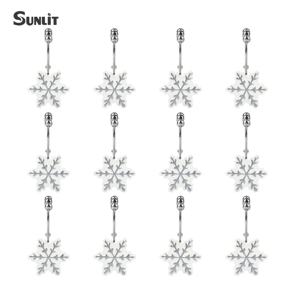 Sunlit Christmas Shower Curtain Hooks Snowflakes Double Shower Curtain Rings, Resin, Red and White Christmas Decor, Winter Bathroom Decoration - 12 Pack