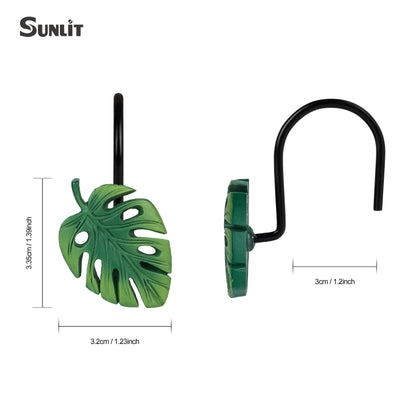 Tropical Leaf Decorative Shower Curtain Hooks, Green Botanical Shower Curtain Rings with Black Hooks, Resin, Monstera Deliciosa Leaves Shower Curtain Hangers for Bathroom, Set of 12