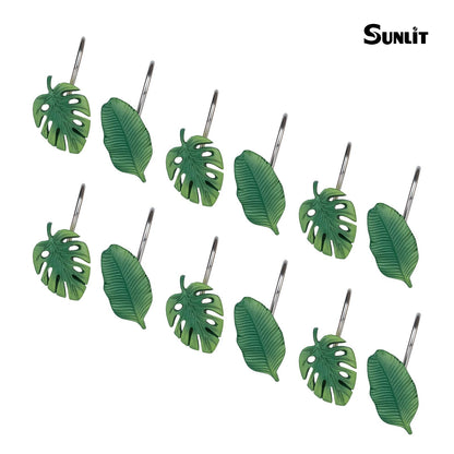 Tropical Leaf Decorative Shower Curtain Hooks Green Botanical Shower Curtain Rings, Resin, Monstera Deliciosa Leaves Shower Curtain Hangers for Bathroom, Set of 12
