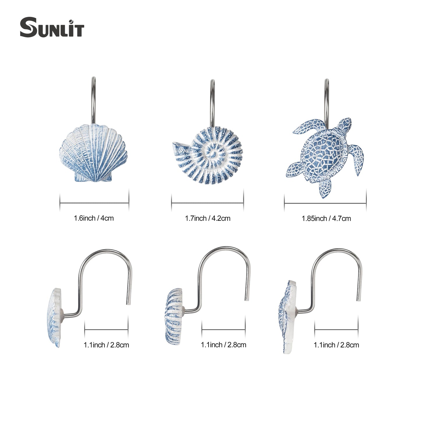 Sunlit Seashells Decorative Shower Curtain Hooks, Blue Scallop Nautilus & Sea Turtle Shower Curtain Rings, Resin, Nautical Bathroom Decoration Beach Shower Curtain Hooks-12 Pack