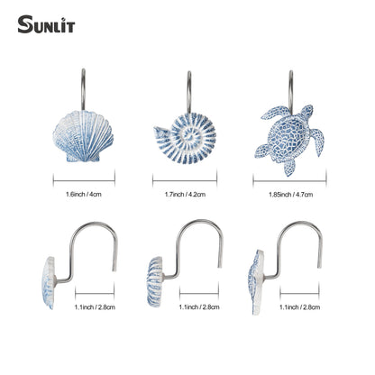 Sunlit Seashells Decorative Shower Curtain Hooks, Blue Scallop Nautilus & Sea Turtle Shower Curtain Rings, Resin, Nautical Bathroom Decoration Beach Shower Curtain Hooks-12 Pack
