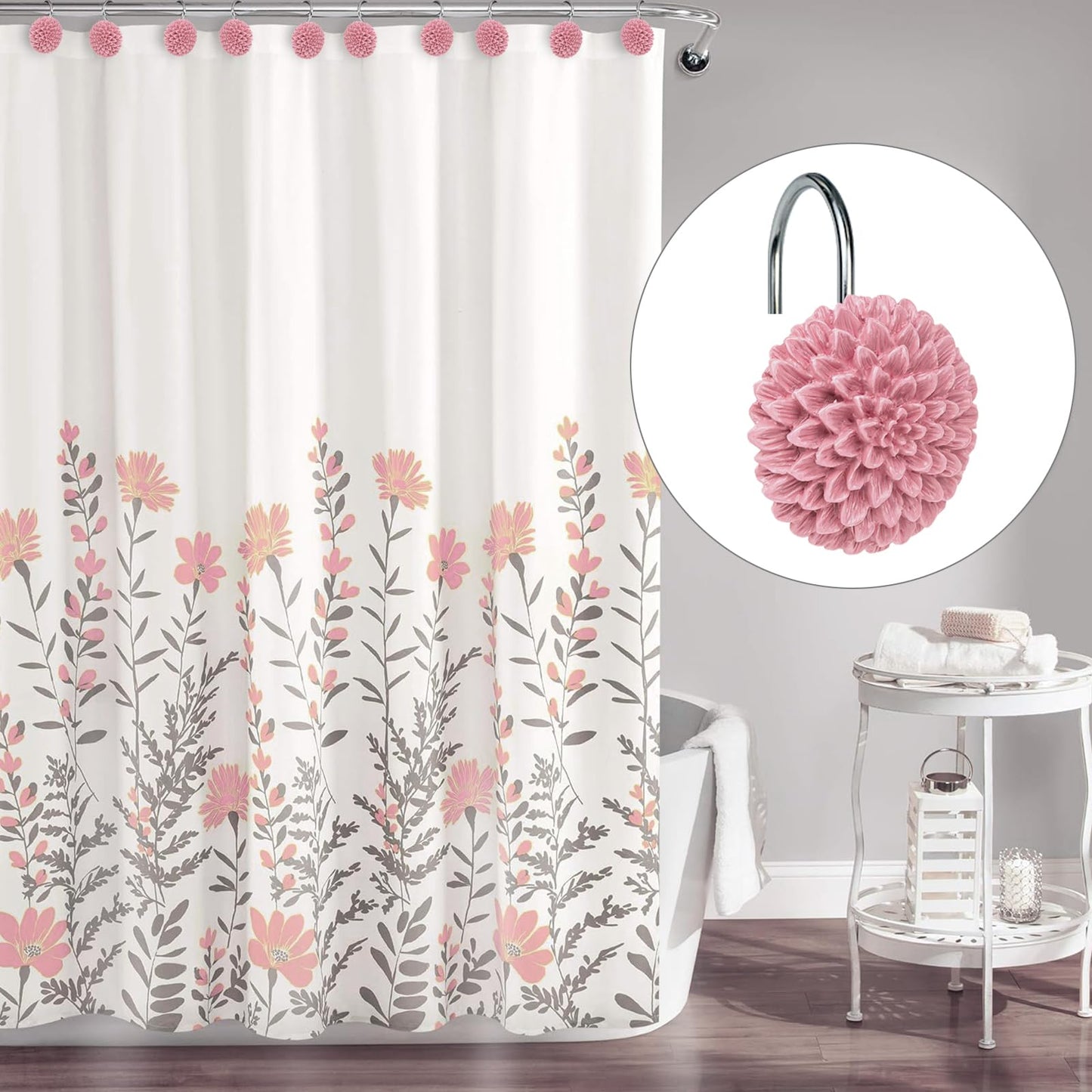 Sunlit Decorative Floral Shower Curtain Hooks, Turquoise Dahlia Pinnata Flower Shower Curtain Rings, Resin, Bathroom Decoration Blue Shower Curtain Hooks-12 Pack