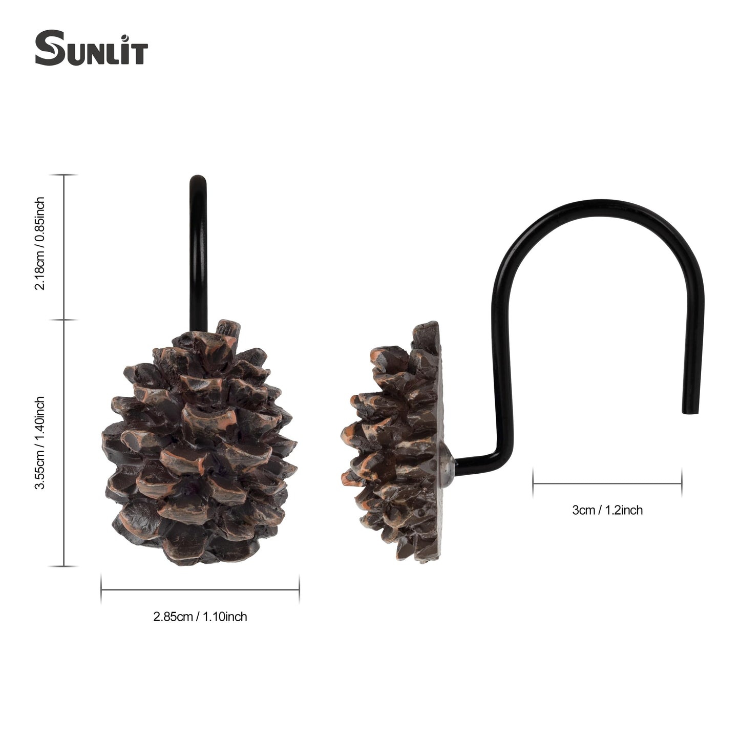 Sunlit Pinecone Decorative Shower Curtain Hooks, Brown Pine Cone Shower Curtain Rings, Resin, Winter Christmas Theme Bathroom Decoration, Set of 12