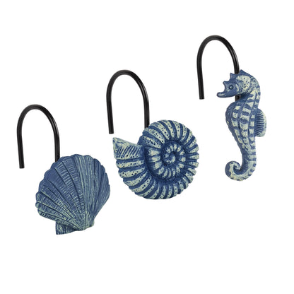 Sunlit Seashells Decorative Shower Curtain Hooks, Blue Ocean Creatures Coastal Shower Curtain Rings with Black Hooks, Resin, Nautical Bathroom Decoration Beach Shower Curtain Hooks, Set of 12