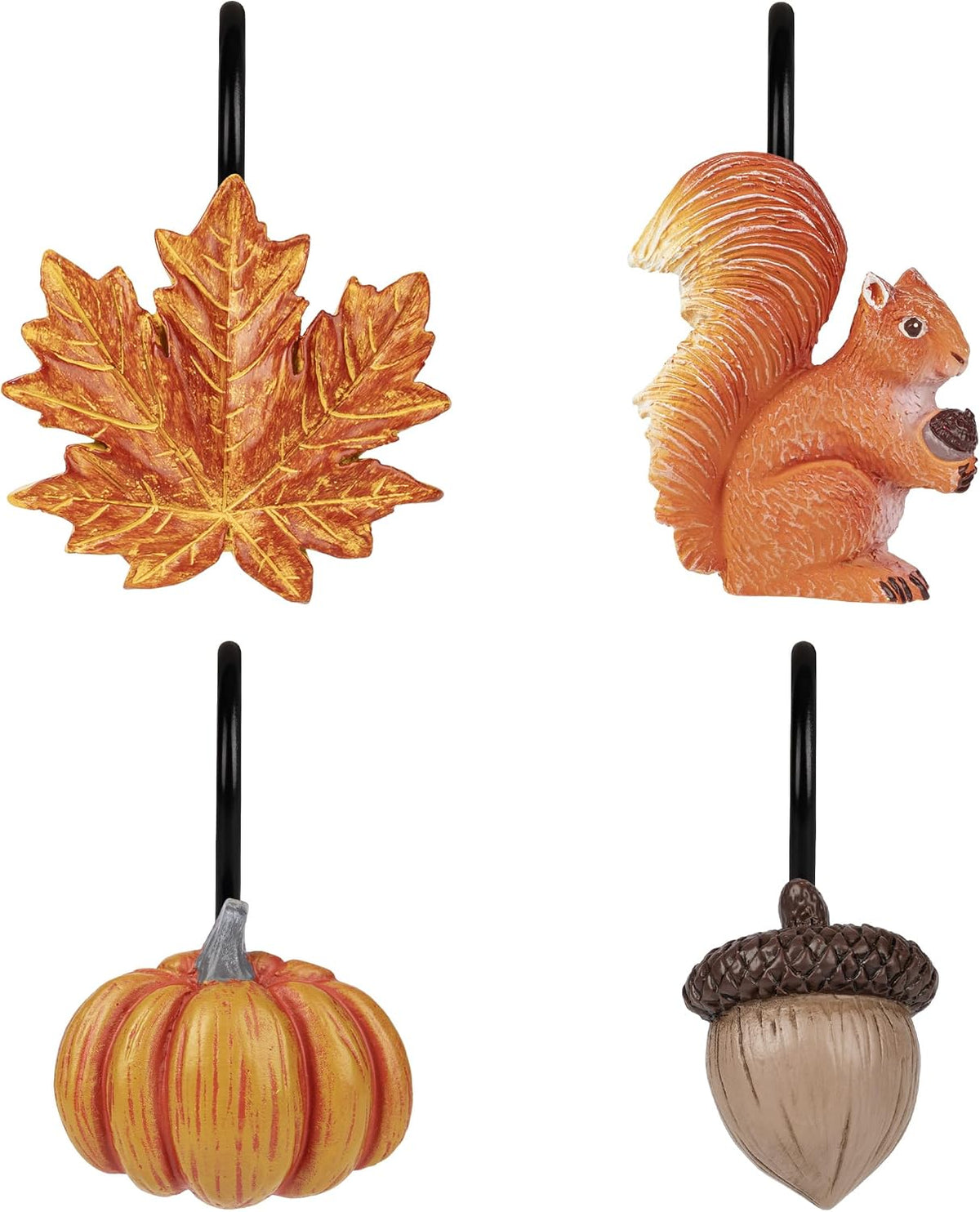 Sunlit Fall Autumn Decorative Shower Curtain Hooks, Pumpkin Maple Leaf Squirrel Acorn Shower Curtain Rings with Black Hooks, Resin, Orange Leaves Cute Bathroom Curtain Hangers Decoration, Set of 12