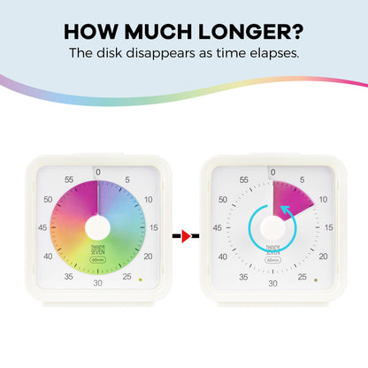 TWENTY5 SEVEN Countdown Timer, 60 Minute 1 Hour Silent Visual Timer, Magnetic Classroom Teaching Tool Office Meeting, Countdown Clock for Kids Time Management, Pastel Rainbow