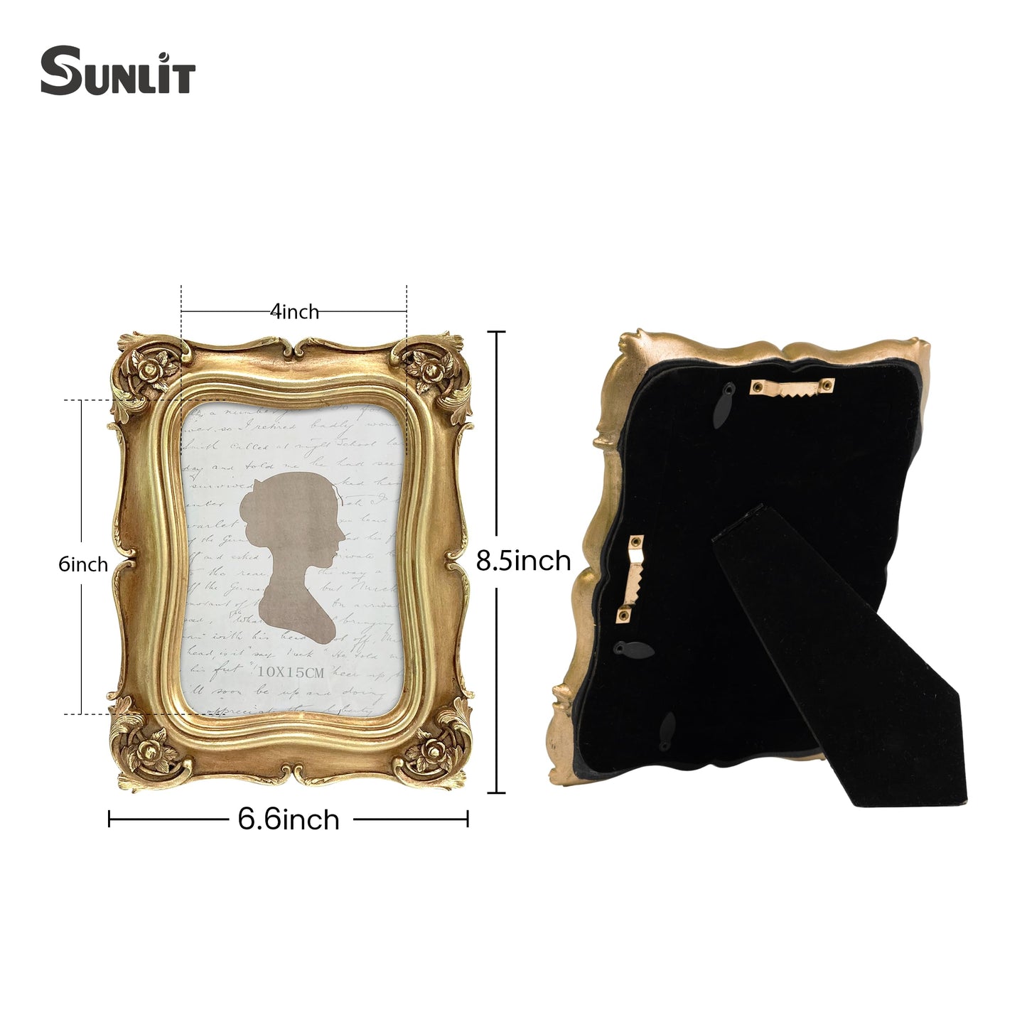 Sunlit Vintage Picture Frame 5x7 Inch Set of 2, Luxury Antique Photo Frames with Glass Front, Photo Display, Tabletop Wall Hanging, Gold