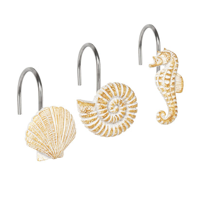 Sunlit Seashells Decorative Shower Curtain Hooks, Scallop Nautilus & Seahorse Shower Curtain Rings, Seashell Blush, Resin, Nautical Bathroom Decoration Beach Shower Curtain Hooks-12 Pack