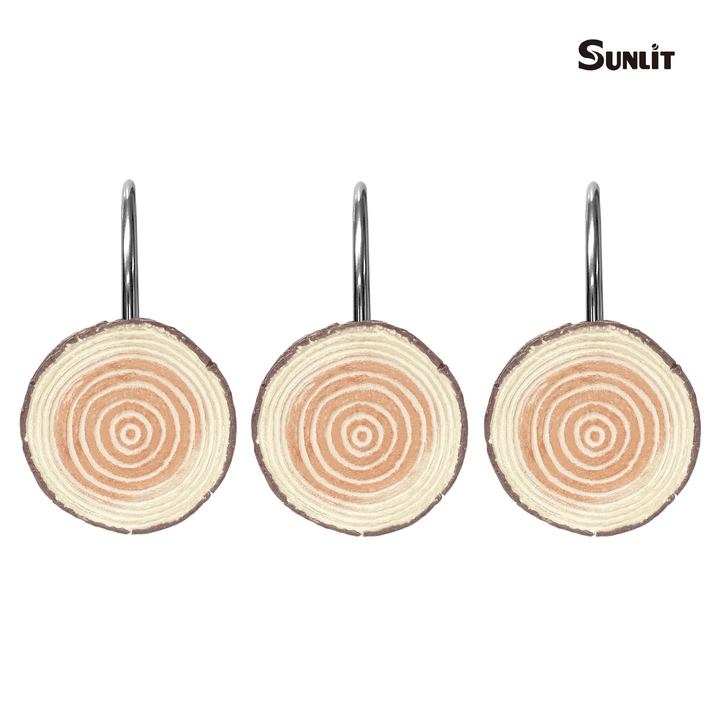 Sunlit Farmhouse Wooden Slices Shower Curtain Hooks, Rustic Home Decorative Shower Curtain Rings with Black Hooks for Bathroom, Resin Shower Curtain Hangers Bathroom Accessories, Set of 12