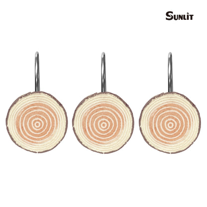 Sunlit Farmhouse Wooden Slices Shower Curtain Hooks, Rustic Home Decorative Shower Curtain Rings for Bathroom, Resin Shower Curtain Hangers Bathroom Accessories, Set of 12