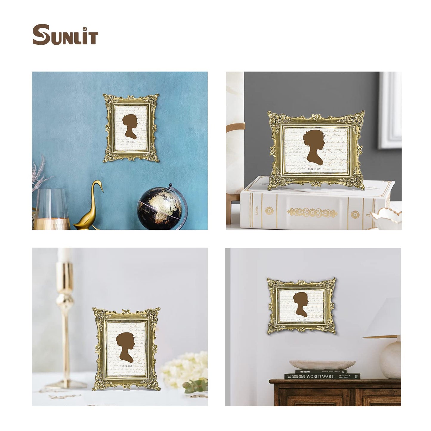 Sunlit Vintage Picture Frame 4x4 Inch, Luxury Antique Square Photo Frames with Glass Front, Photo Display, Tabletop Wall Hanging, Gift Ideas, Bronze Gold