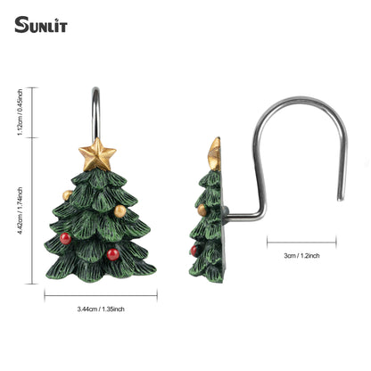 Sunlit Christmas Tree Decorative Shower Curtain Hooks with Star, Green Shower Curtain Rings, Resin, Xmas Theme Winter Holiday Bathroom Decoration, Set of 12