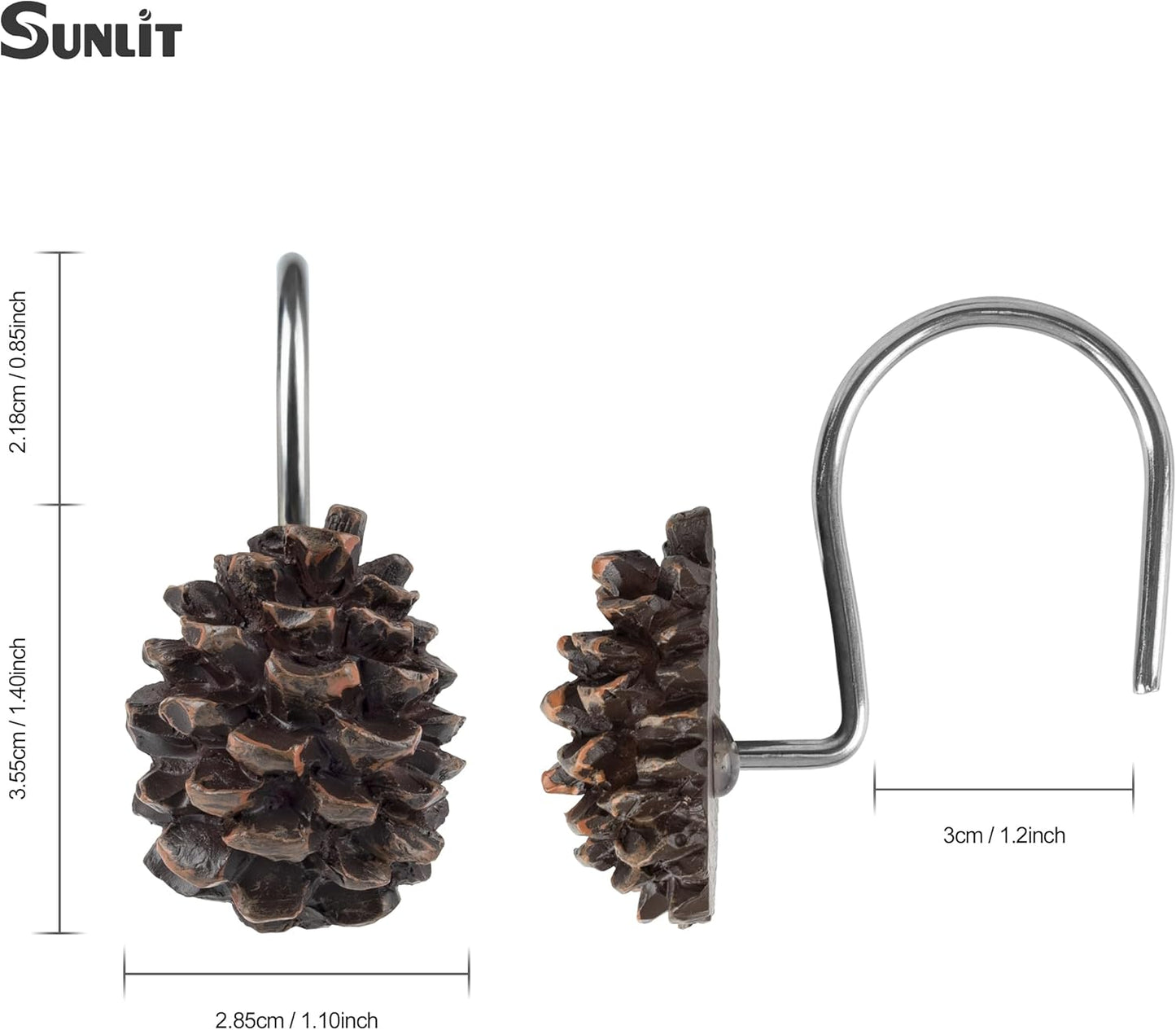 Sunlit Pinecone Decorative Shower Curtain Hooks, Brown Pine Cone Shower Curtain Rings, Resin, Winter Christmas Theme Bathroom Decoration, Set of 12