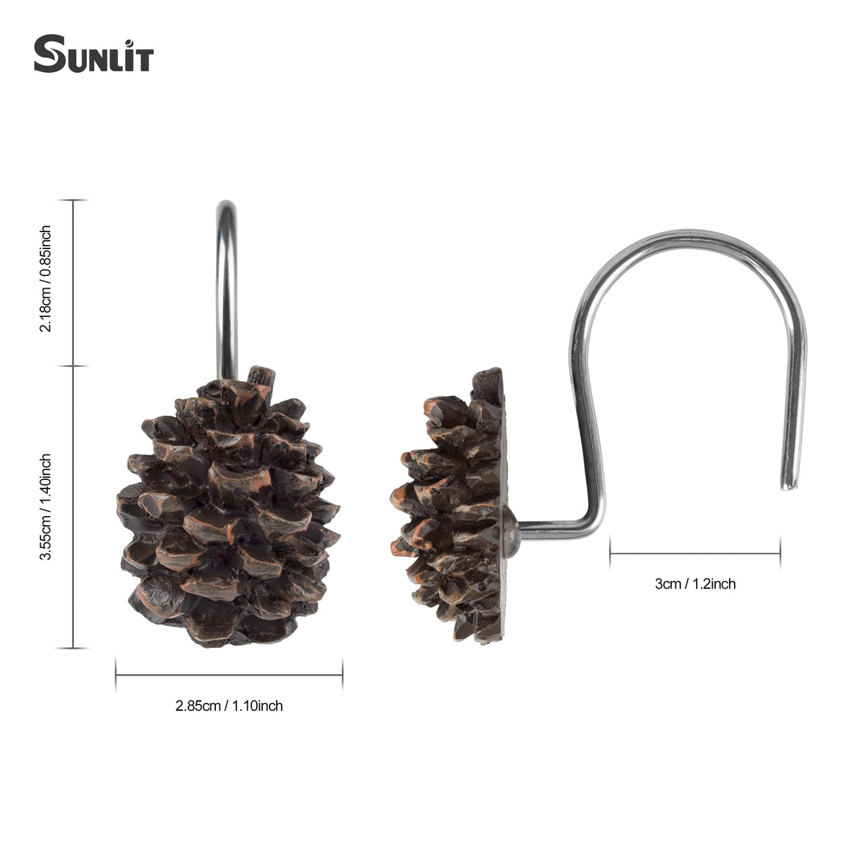 Sunlit Snowy Pinecone Shower Curtain Hooks Set of 12, Snow-Tipped Pine Cone Curtain Rings for Christmas Winter Bathroom Decor, Rustic Decorative Resin Bath Accessories