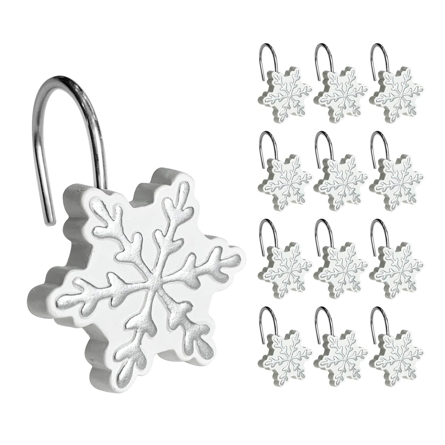 Sunlit Christmas Shower Curtain Hooks Silver Snowflakes Shower Curtain Rings, Resin, White Christmas Decor, Winter Bathroom Decoration - 12 Pack