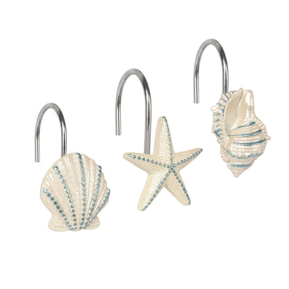 Sunlit Seashells Decorative Shower Curtain Hooks, Scallop Nautilus & Seahorse Shower Curtain Rings, Seashell Blush, Resin, Nautical Bathroom Decoration Beach Shower Curtain Hooks-12 Pack