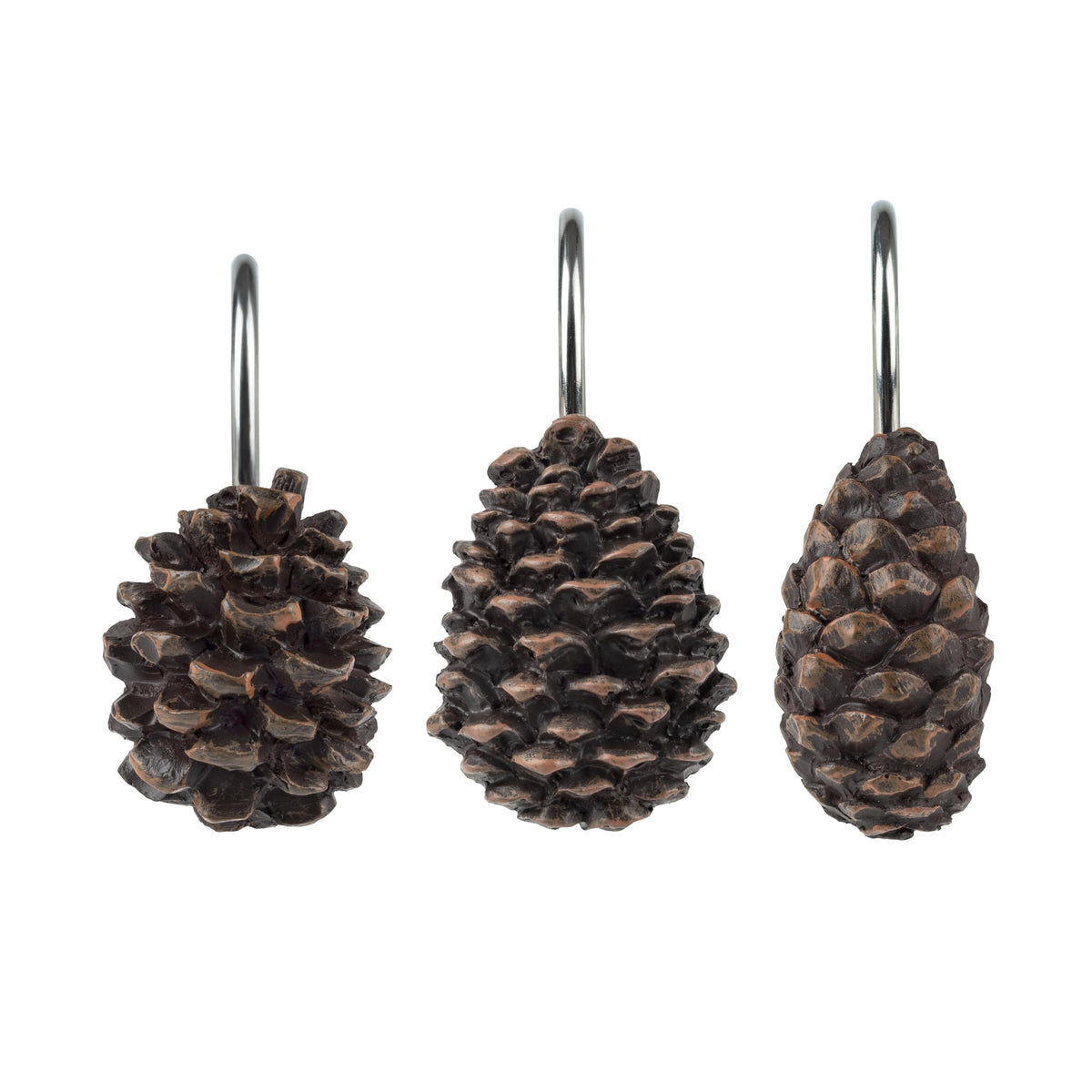 Sunlit Snowy Pinecone Shower Curtain Hooks Set of 12, Snow-Tipped Pine Cone Curtain Rings for Christmas Winter Bathroom Decor, Rustic Decorative Resin Bath Accessories