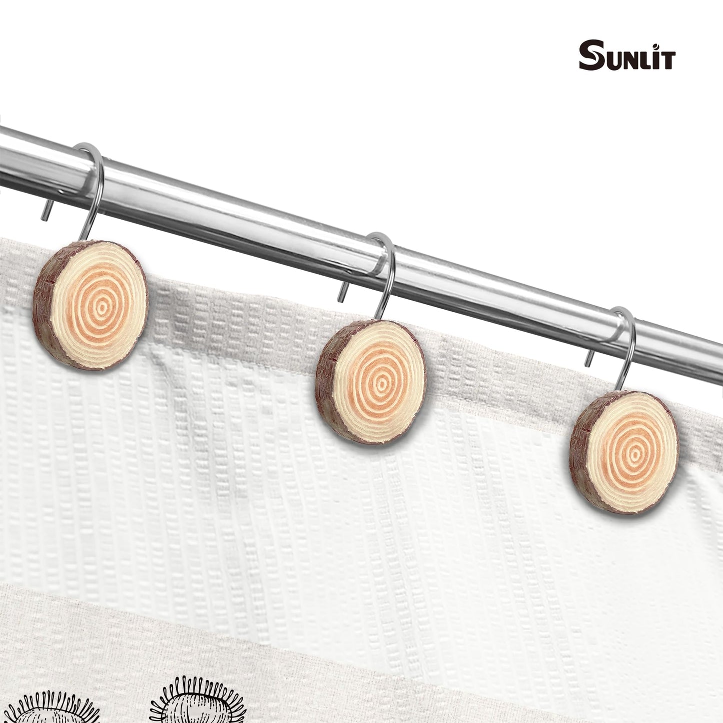 Sunlit Farmhouse Wooden Slices Shower Curtain Hooks, Rustic Home Decorative Shower Curtain Rings for Bathroom, Resin Shower Curtain Hangers Bathroom Accessories, Set of 12
