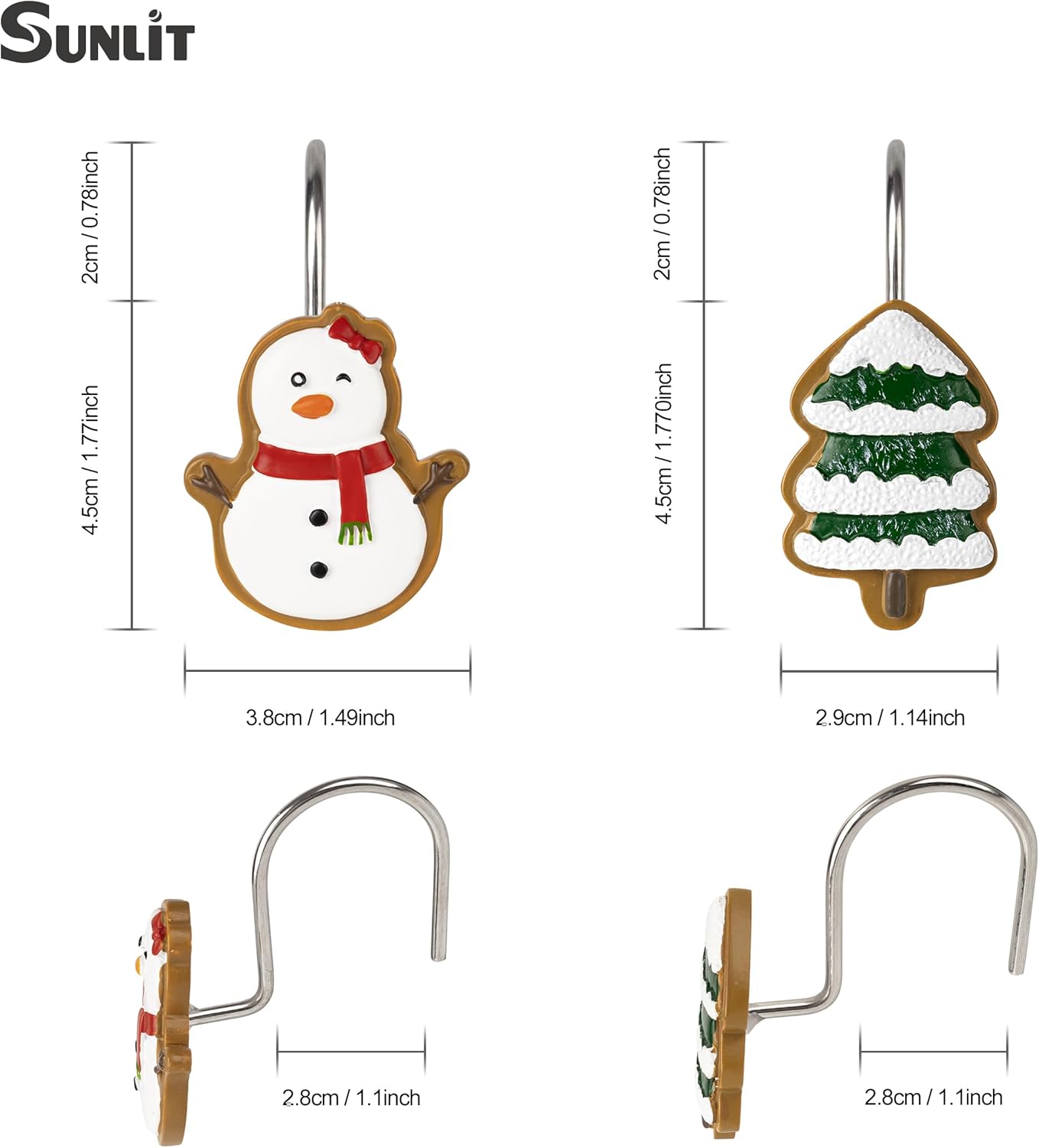 Sunlit Christmas Tree Snowman Decorative Shower Curtain Hooks, Green White Shower Curtain Rings, Resin, Xmas Theme Winter Holiday Bathroom Decoration, Set of 12