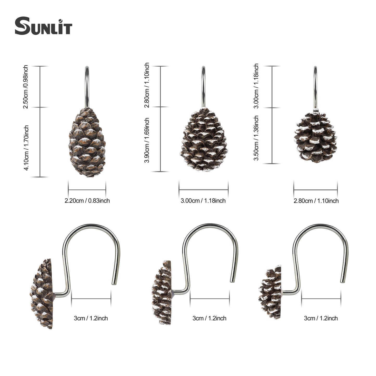 Sunlit Pinecone Decorative Shower Curtain Hooks, Brown Pine Cone Shower Curtain Rings, Resin, Winter Christmas Theme Bathroom Decoration, Set of 12