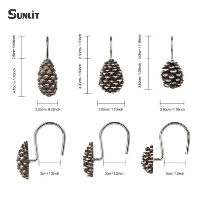Sunlit Pinecone Decorative Shower Curtain Hooks, Brown Pine Cone Shower Curtain Rings, Resin, Winter Christmas Theme Bathroom Decoration, Set of 12