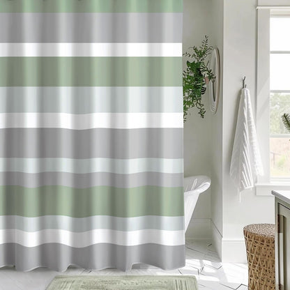 Sunlit Aqua Blue Gray Horizontal Stripes Water-Repellent Fabric Shower Curtain with Reinforced Metal Grommets Refreshing Striped Design Bathroom Decor
