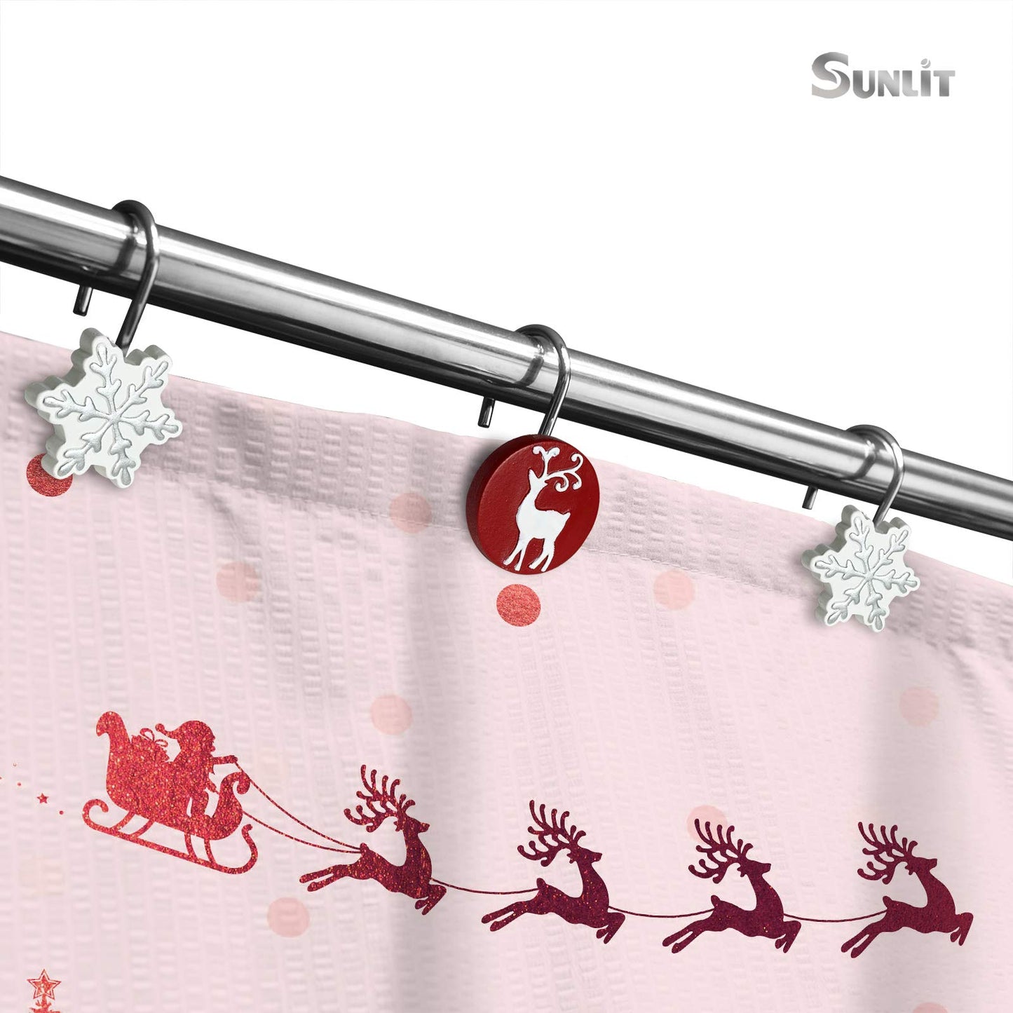 Sunlit Merry Christmas Shower Curtain Hooks White Reindeer Red Shower Curtain Rings, Resin, Winter Bathroom Decoration - 12 Pack