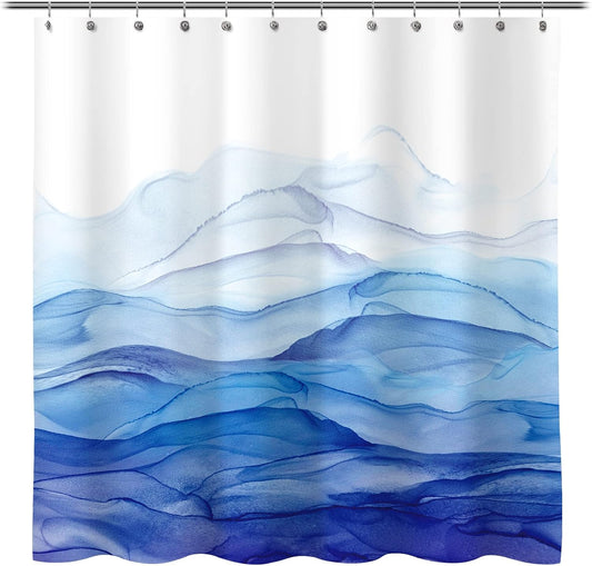 Sunlit Ombre Blue Watercolor Textured Slubbed Fabric Shower Curtain, Abstract Ocean Wave Shower Curtains for Bathroom Decoration, 71x71
