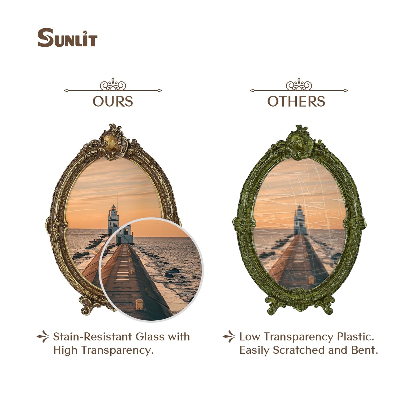 Sunlit Vintage Picture Frame 4x6 Inch, Oval Antique Photo Frames with Glass Front, Luxury Photo Display, Tabletop Wall Hanging, Gift Ideas, Brown