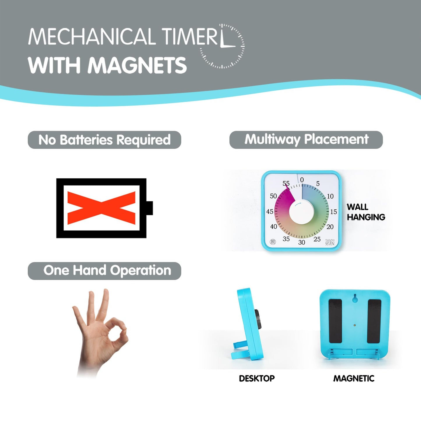 Visual Timer 7.5 inch, 60-Minute Countdown Timer for Kids Classroom Teaching Tool Office Meeting, Mechanical Countdown Clock for Exam Time Management Magnetic Kitchen Timer, Purple