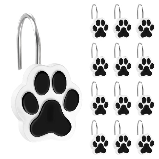 Sunlit Cute Paw Print Decorative Shower Curtain Hooks for Dog Cat Bear, Resin, Lovely Shower Curtain Rings for Kids, Bathroom Decoration Curtain, 12 Pack, Black and White