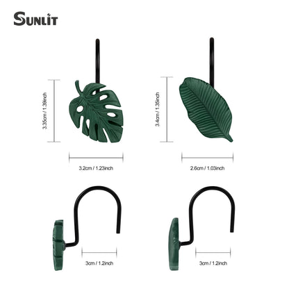 Tropical Leaf Decorative Shower Curtain Hooks Green Botanical Shower Curtain Rings, Resin, Monstera Deliciosa Leaves Shower Curtain Hangers for Bathroom, Set of 12