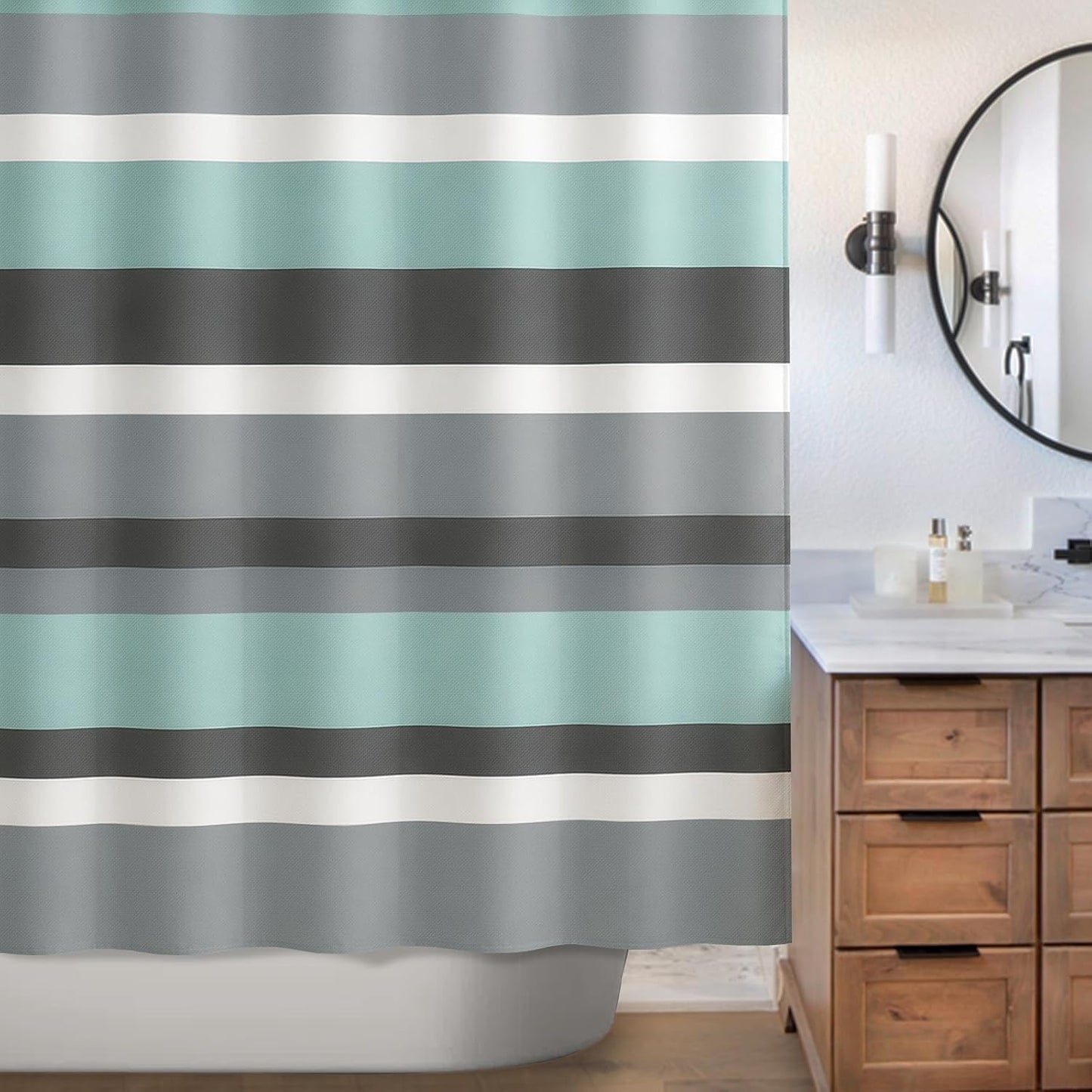 Sunlit Aqua Blue Gray Horizontal Stripes Water-Repellent Fabric Shower Curtain with Reinforced Metal Grommets Refreshing Striped Design Bathroom Decor