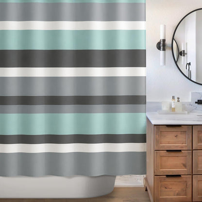 Sunlit Aqua Blue Gray Horizontal Stripes Water-Repellent Fabric Shower Curtain with Reinforced Metal Grommets Refreshing Striped Design Bathroom Decor