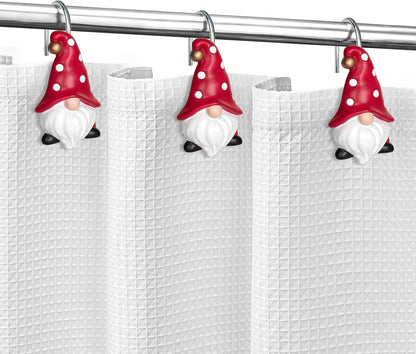 Sunlit Christmas Shower Curtain Hooks, Gnome Shower Curtain Rings, Hand Painted Resin Christmas Decor, Winter Bathroom Decoration, Red Hat with White Polka Dot, Set of 12