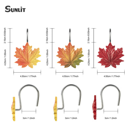 Sunlit Maple Leaf Shower Curtain Hooks for Fall Autumn, Home Decorative Shower Curtain Rings for Bathroom, Resin, Orange Red Maple Leaves Shower Curtain Hangers Hooks Bath Accessories, Set of 12