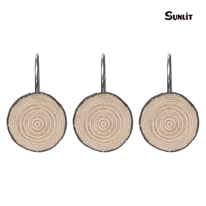 Sunlit Farmhouse Wooden Slices Shower Curtain Hooks, Rustic Home Decorative Shower Curtain Rings with Black Hooks for Bathroom, Resin Shower Curtain Hangers Bathroom Accessories, Set of 12
