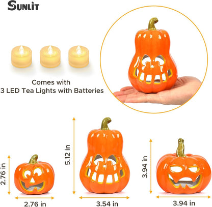 Sunlit Ceramic Pumpkin with 3 Tea Lights, Jack O Lantern Candle Holder Set of 3, Tabletop Indoor Halloween Decorations for Holiday Party Home