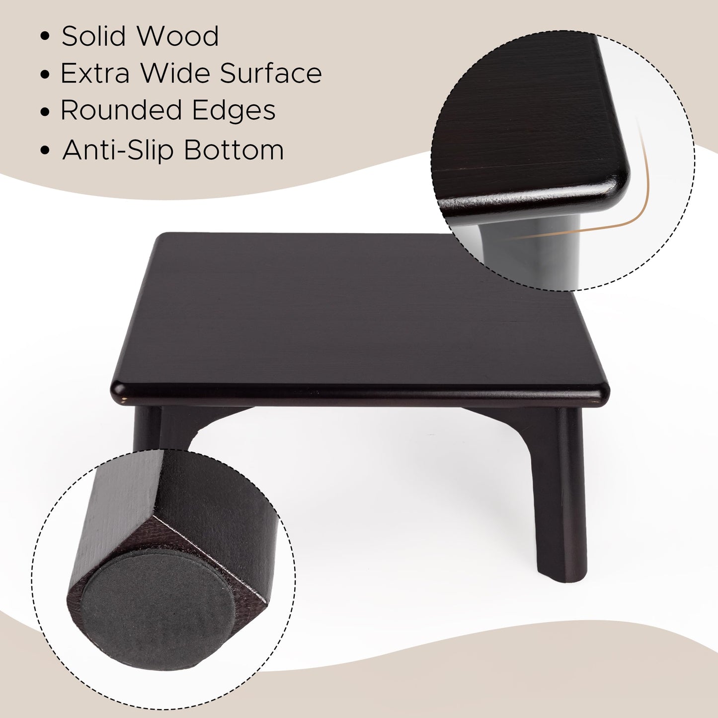 Sunlit One Step Stool, Heavy Duty Bathtub Stool up to 550 lbs, Non-Slip Wood Foot Stool, Wooden Step Stool for Adults, Dark Walnut Bed Step Stools for High Bed, Kitchen Bathroom Bedroom
