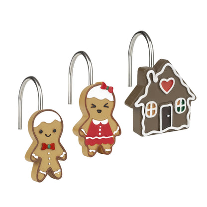 Sunlit Christmas Decorative Shower Curtain Hooks, Cute Gingerbread Man Cookie Shower Curtain Rings, Xmas Winter Holiday Bathroom Decoration for Kids Girls Boys Children, Resin, Set of 12