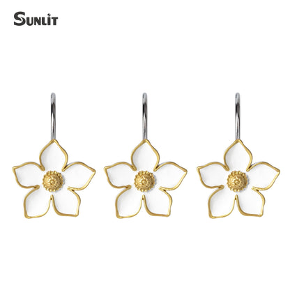 Sunlit Flower Shower Curtain Hooks, Home Decorative Shower Curtain Rings for Bathroom, Resin, White with Gold Edges Floral Shower Curtain Hanger Hooks for Living Room, Set of 12