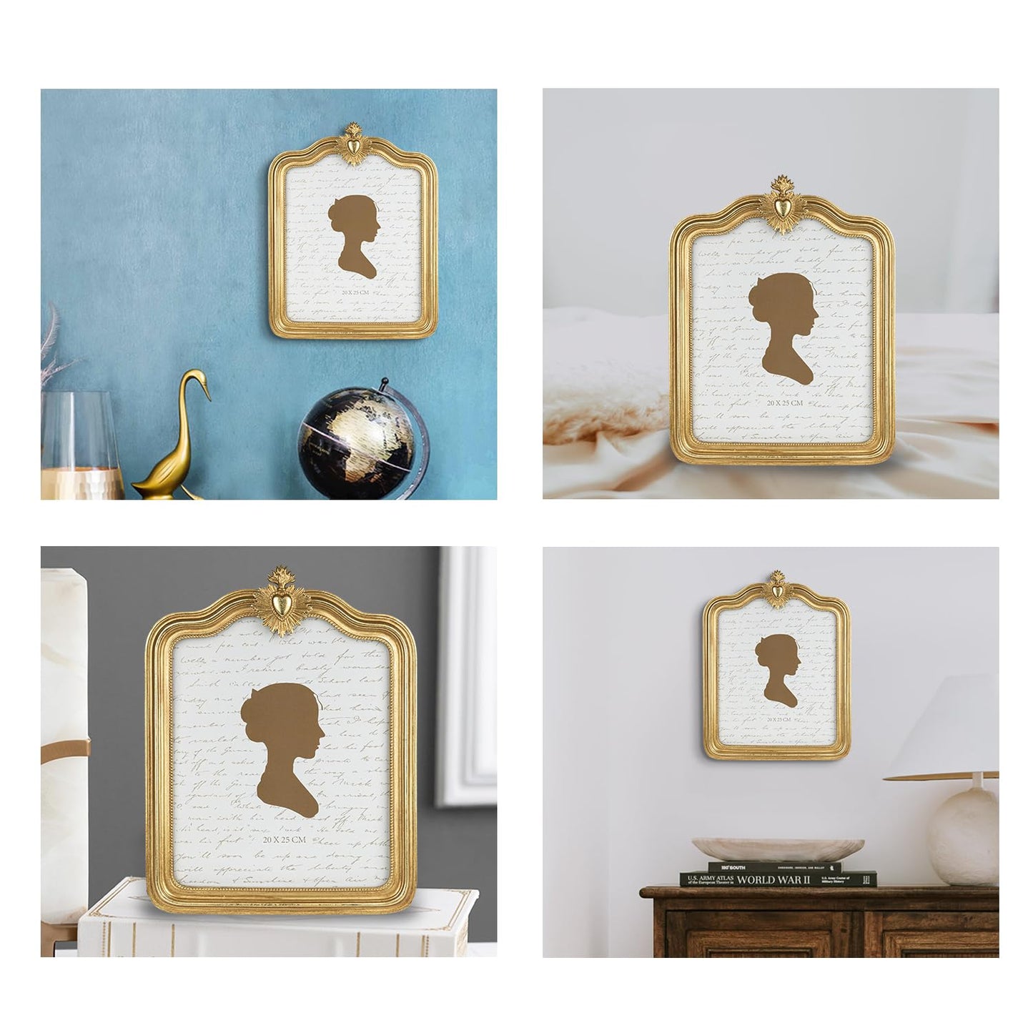 Sunlit Vintage Picture Frame 5x7 Inch, Antique Photo Frames with Glass Front, Small Heart Luxury Photo Display, Tabletop Wall Hanging, Gift Ideas, Gold