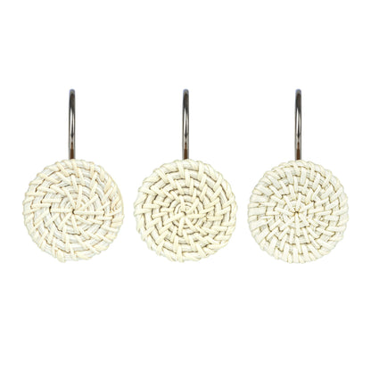 Sunlit Boho Decorative Shower Curtain Hooks, Woven Wicker Ratten Beige Shower Curtain Rings for Bathroom, Farmhouse Shower Curtain Hangers Bathroom Accessories, Set of 12