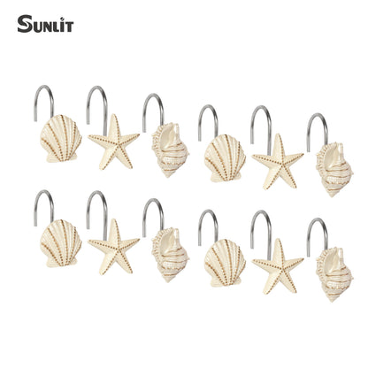 Sunlit Seashells Decorative Shower Curtain Hooks, Scallop Nautilus & Seahorse Shower Curtain Rings, Seashell Blush, Resin, Nautical Bathroom Decoration Beach Shower Curtain Hooks-12 Pack