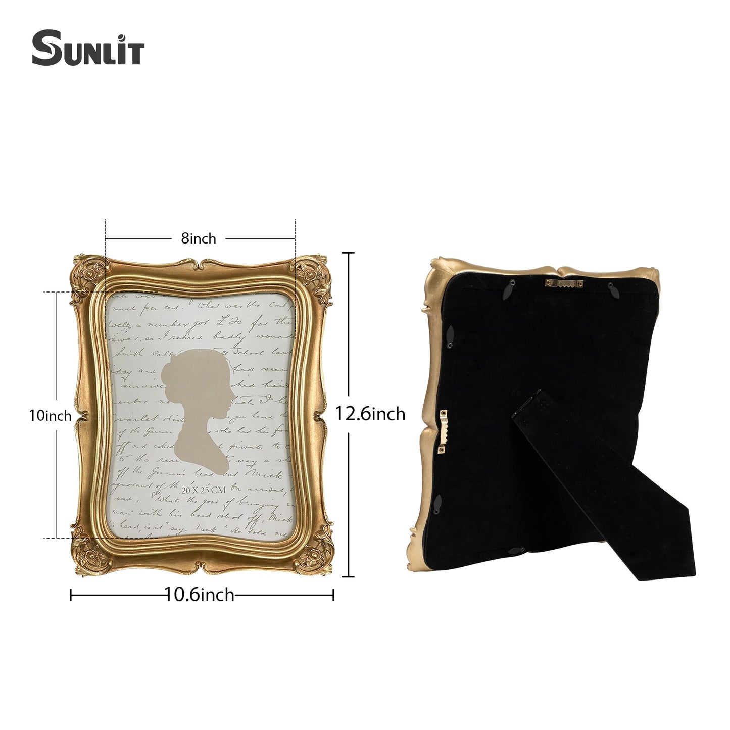 Sunlit Vintage Picture Frame 5x7 Inch Set of 2, Luxury Antique Photo Frames with Glass Front, Photo Display, Tabletop Wall Hanging, Gold