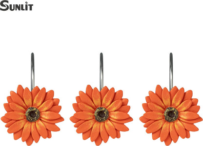 Sunlit Daisy Shower Curtain Hooks, Home Decorative Shower Curtain Rings for Bathroom, Resin, Floral Shower Curtain Hanger Hooks for Living Room, Set of 12, White and Golden