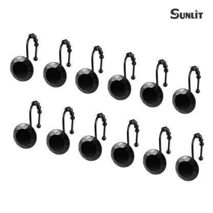 Sunlit Luxury Design Round Clear Diamond Crystal Gem Bling with Glide Balls Double Shower Curtain Hooks, Rust Proof Metal Rhinestones Glam Shower Curtain Rings-12 Pack