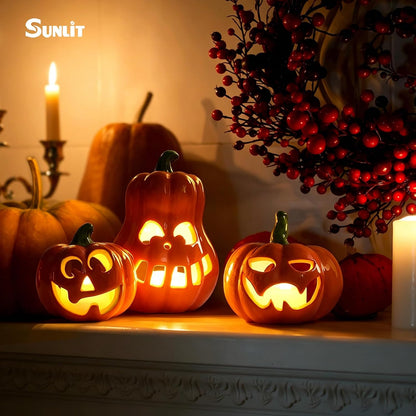 Sunlit Ceramic Pumpkin with 3 Tea Lights, Jack O Lantern Candle Holder Set of 3, Tabletop Indoor Halloween Decorations for Holiday Party Home