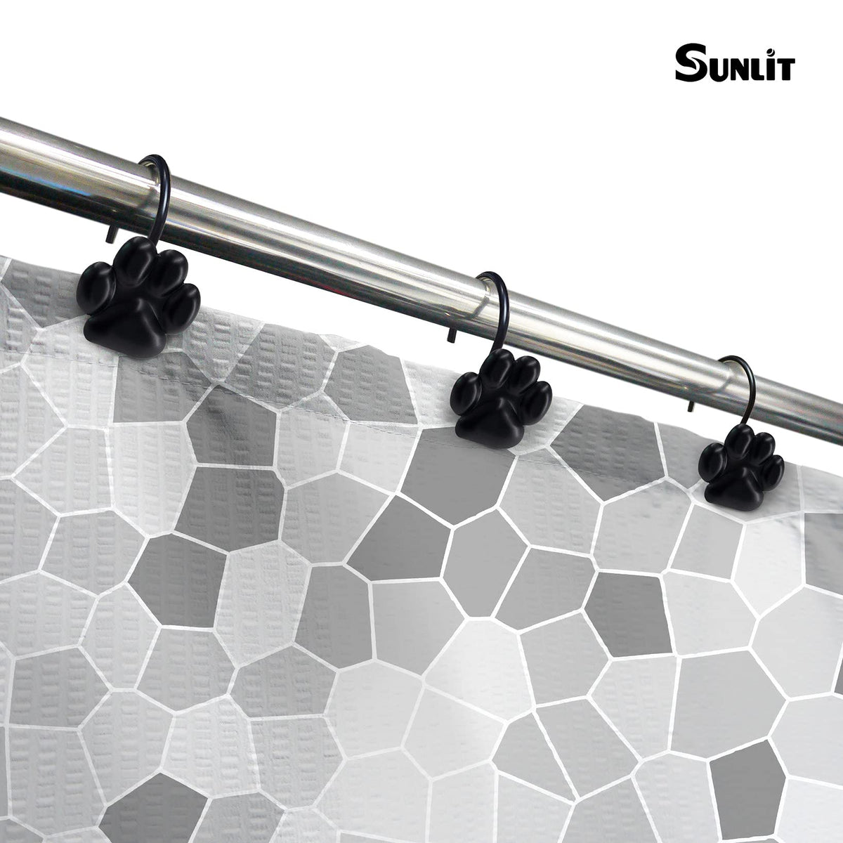Sunlit Fashion Design Cute Paw Print Polished Double Shower Curtain Hooks for Dog Cat and Bear, Rust Proof Oil Metal Shower Curtain Rings, Black-12 Pack